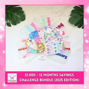 May include: A set of 12 clear plastic pouches with colorful lettering for each month of the year. Each pouch contains a sheet of stickers with a savings challenge theme. The text on the image reads "$1,000 - 12 MONTHS SAVINGS CHALLENGE BUNDLE (2025 EDITION)"