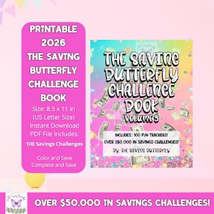 Könnte beinhalten: Ein druckbares "The Saving Butterfly Challenge Book" von 2026 mit rosa Einband. Das Buch enthält 100 Spar-Herausforderungen und ist 21,59 x 27,94 cm groß. Das Cover zeigt den Text "The Saving Butterfly Challenge Book Volume 3".