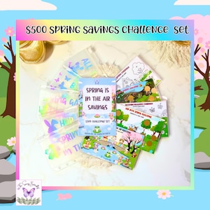 May include: A colorful $500 Spring Savings Challenge Set. The set includes clear pouches with holographic accents and text, along with several small books with illustrations and text. The text includes "Spring is in the Air Savings" and "$500 Challenge Set."