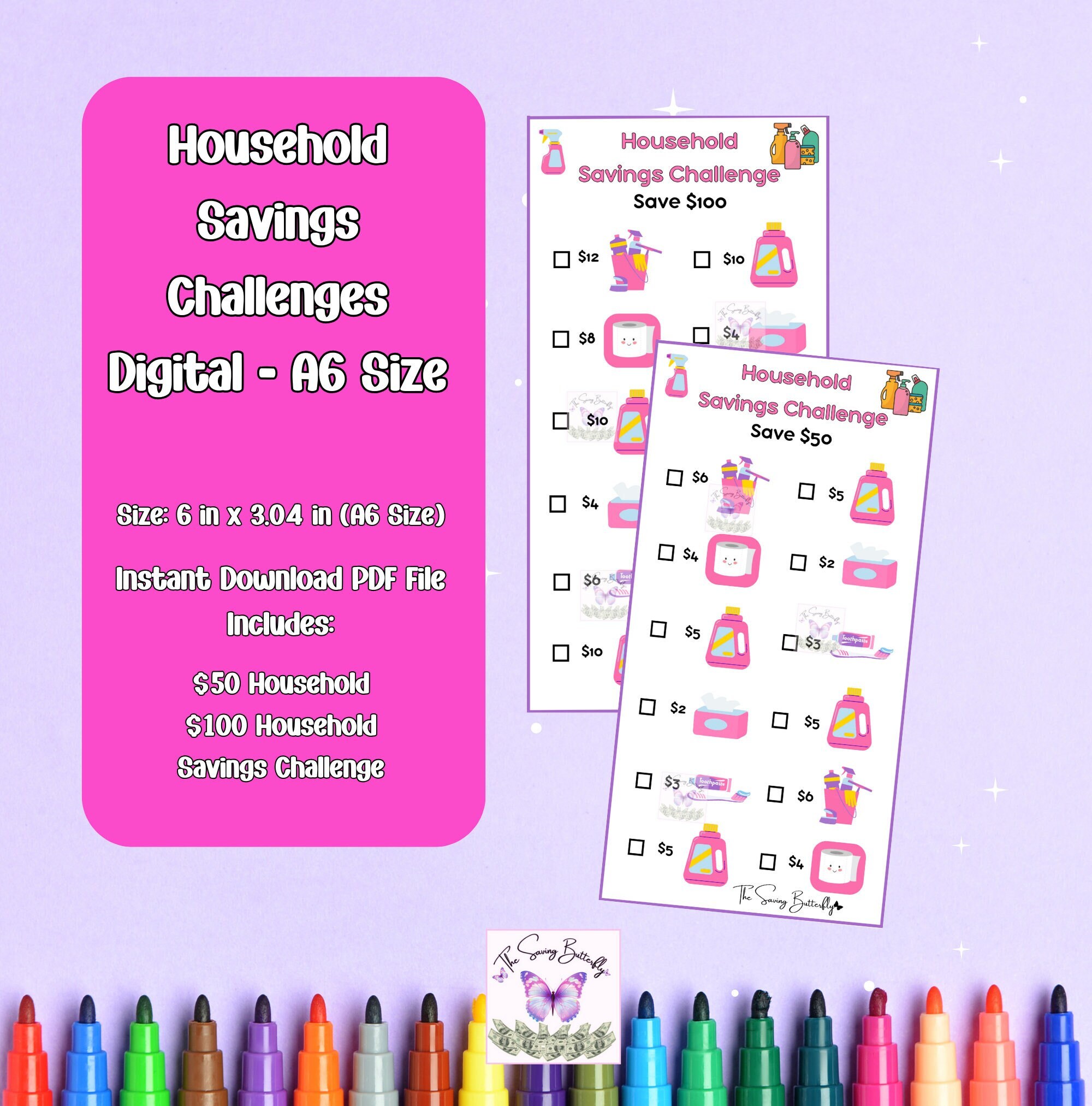 Printable 50 & 100 Dollar Household Savings Challenge Tracker A6, A6 ...