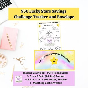 Printable Lucky Stars Savings Challenge for Cash Stuffing | A6 Binder Insert | Color and Save Tracker | Cash Envelope Budget Sheet