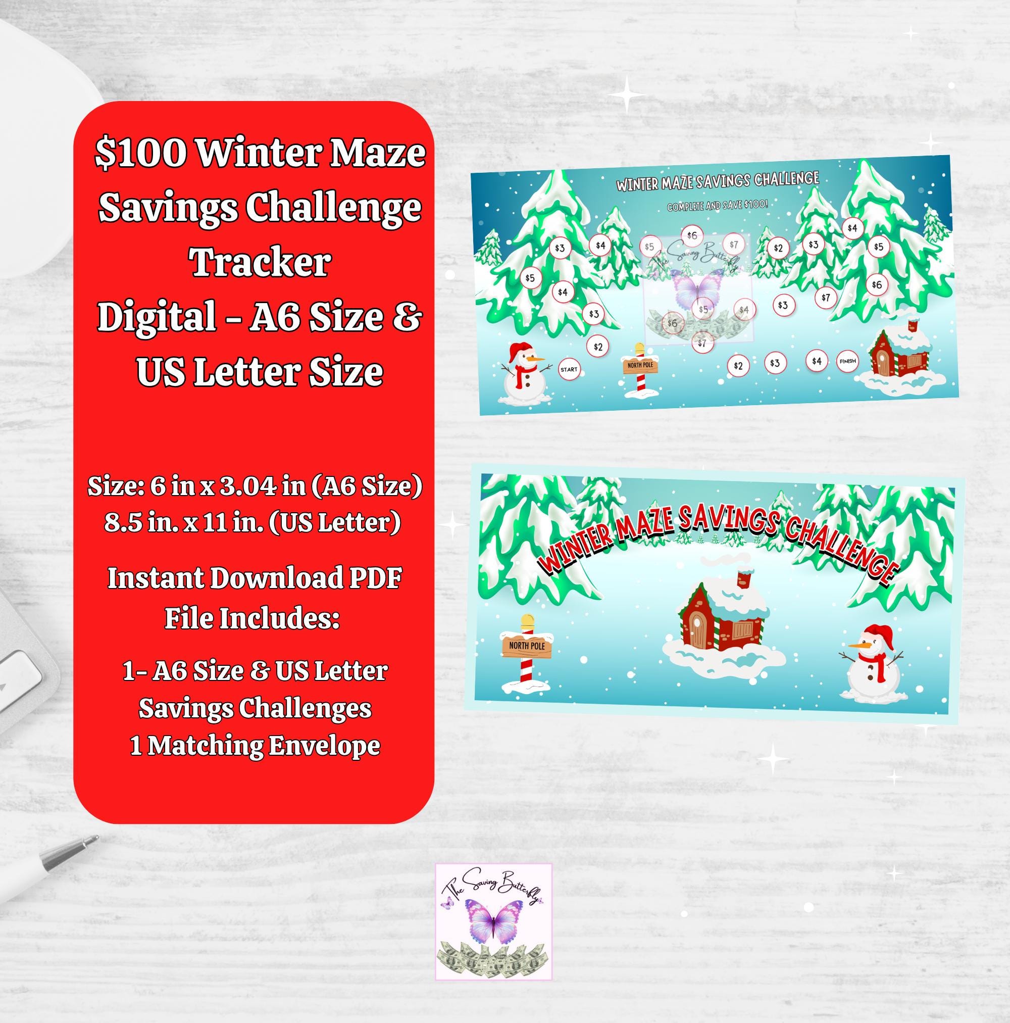 Winter Maze Savings Challenge Printable Color & Save Tracker, A6