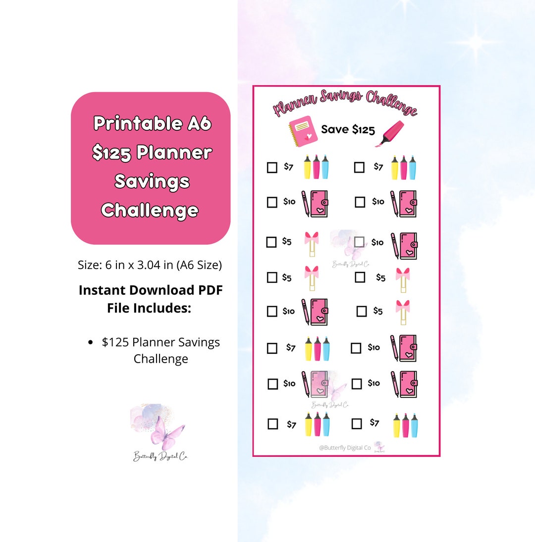 Printable 125 Dollar Planner Savings Challenge Tracker A6, A6 Savings