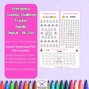 May include: A digital A6-size emergency savings challenge tracker bundle. The pink design includes trackers for $500 and $1,000 savings goals, with a butterfly graphic. The file size is 6 x 3.04 inches. Includes matching cash envelopes.