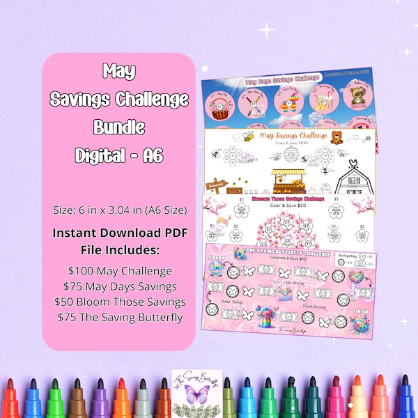 Digital May Savings Challenge Bundle Set, A6 Monthly Tracker Set, Spring Fun Savings, Mini Scratch and Save Challenge, Low Income Insert