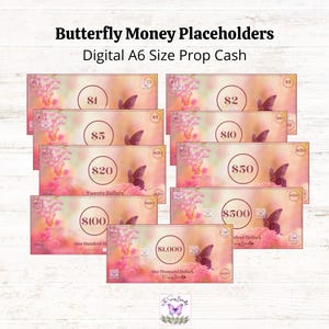 Puede incluir: Un conjunto de diez billetes de juego imprimibles con un diseño de mariposa. Los billetes están en denominaciones de 1 €, 2 €, 5 €, 10 €, 20 €, 50 €, 100 €, 500 € y 1 000 €. Los billetes son rosas y blancos con un fondo floral.