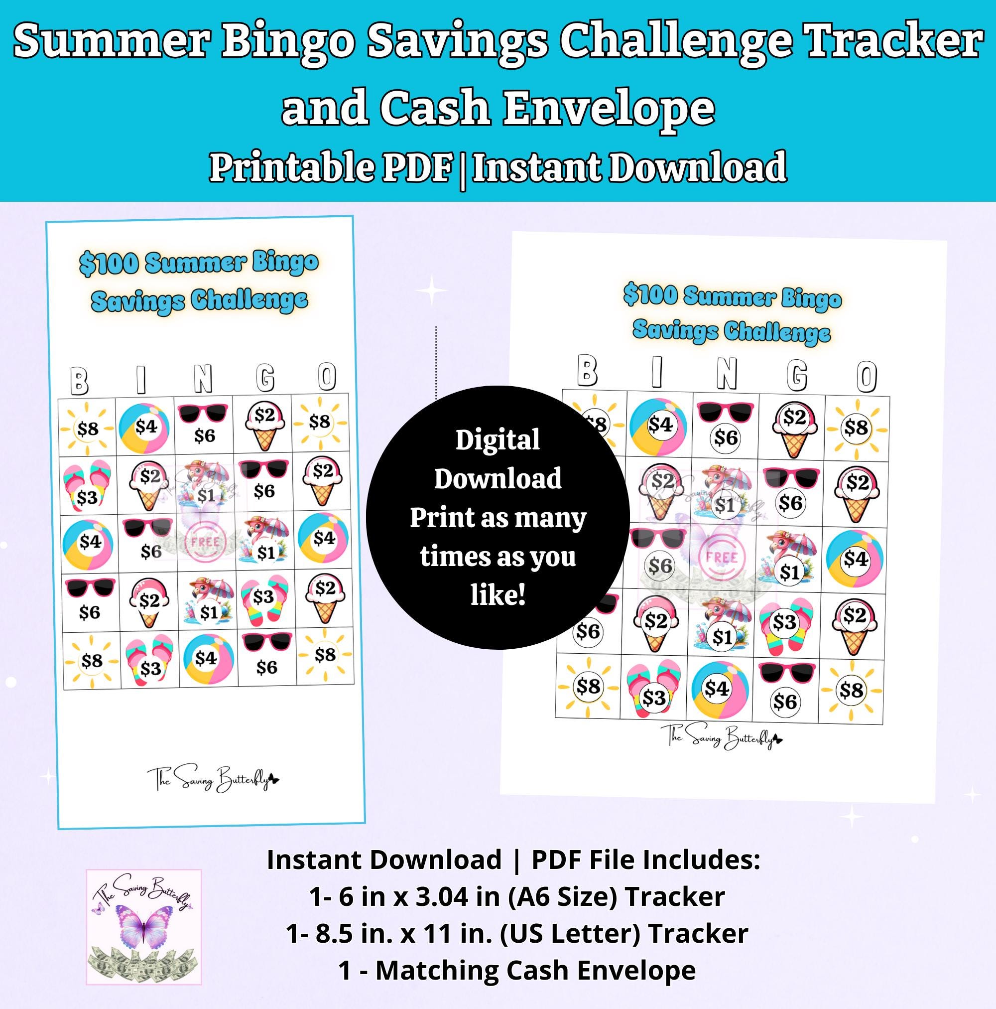 Printable Summer Bingo Savings Challenge for Cash Stuffing | A6 Binder ...