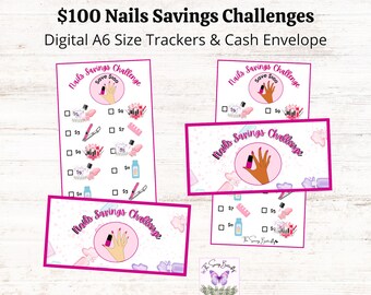 Printable 100 Dollar Nails Savings Challenge Tracker A6/ 100 Dollar Savings Challenge/ Mini Savings Challenge/ A6 Beauty Cash Envelope Set