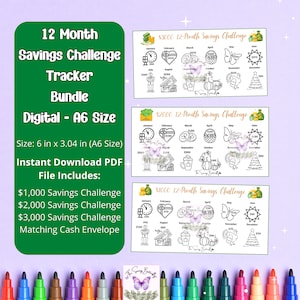 Printable 12 Month Savings Challenge Trackers and Cash Envelope/ Monthly Challenge/ A6 Mini Savings Tracker/ Low Income Savings Challenge