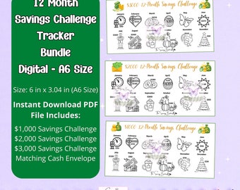 Printable 12 Month Savings Challenge Trackers and Cash Envelope/ Monthly Challenge/ A6 Mini Savings Tracker/ Low Income Savings Challenge