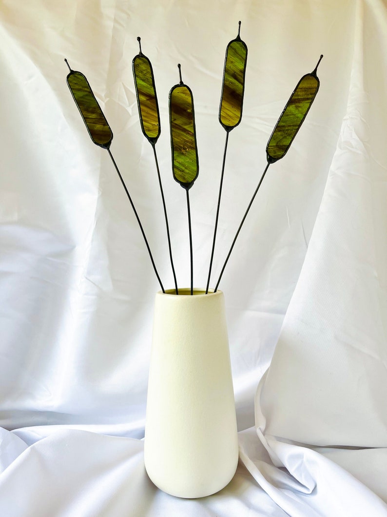 Stained Glass Flower Green Bulrush Cattail. Price per Handmade Stem ...