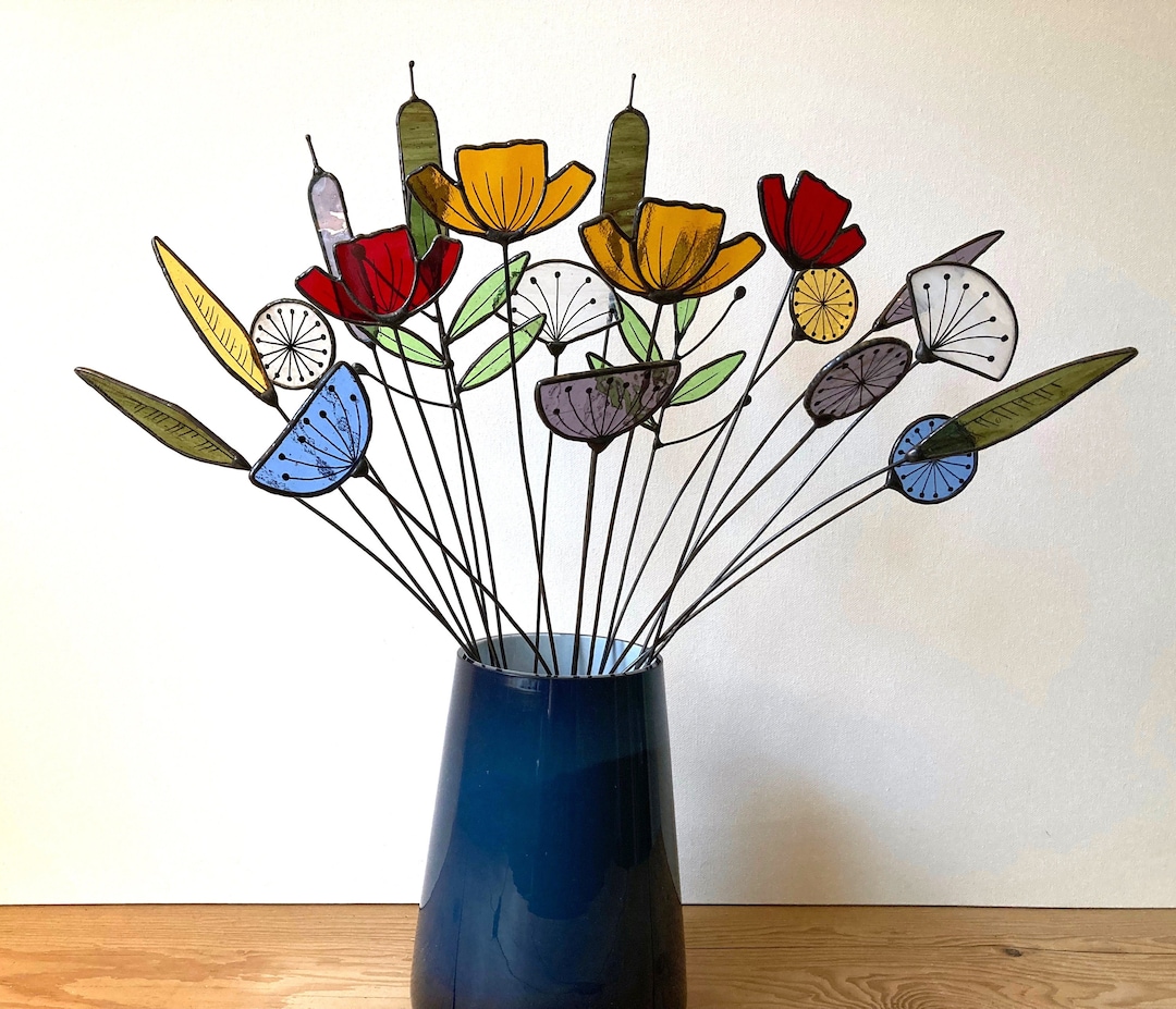 Stained Glass Flower Bouquet, 20 Handmade Wildflower Stems. Our Largest