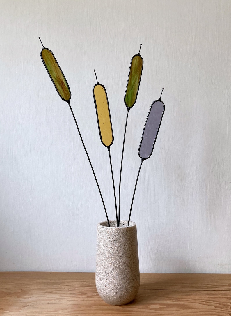 Stained Glass Flower Green Bulrush Cattail. Price per Handmade Stem ...
