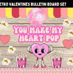 Kit de tablón de anuncios retro del Día de San Valentín l Decoración de la clase de febrero l Tema del corazón disco l Decoración de la puerta l Carteles del aula l Decoraciones retro