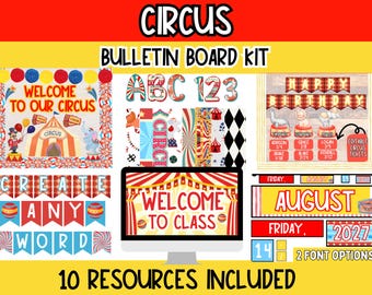 Paquete de tablero de anuncios de circo / Decoración editable para el aula / Imprimibles para maestros con temática de carpa l Kit de tablero de anuncios de circo y decoración de puerta