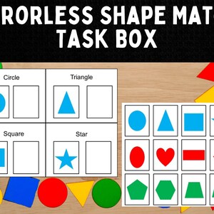 May include: A printable worksheet for kids to practice matching shapes. The worksheet has four sections labeled "Circle", "Triangle", "Square", and "Star". Each section has a blue shape and a blank space for the child to draw the matching shape. Below the worksheet are various colored shapes, including circles, triangles, squares, stars, hearts, diamonds, and pentagons.