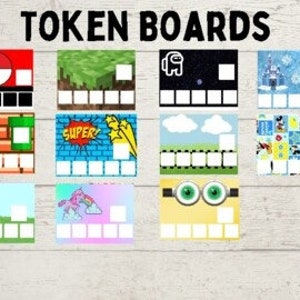 Puede incluir: Doce tableros de fichas diferentes con varios temas, incluyendo Pokémon, Minecraft, Among Us, Mario, y más. Cada tablero tiene un fondo colorido y cinco espacios en blanco para fichas.