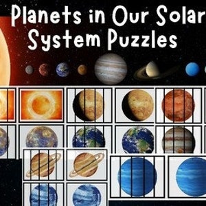Może przedstawiać: Zestaw kolorowych puzzli przedstawiających obrazy planet naszego Układu Słonecznego, w tym Słońce, Merkury, Wenus, Ziemię, Marsa, Jowisza, Saturna, Urana i Neptuna. Elementy układanki są ułożone w siatkę, a każda z nich przedstawia inną planetę.