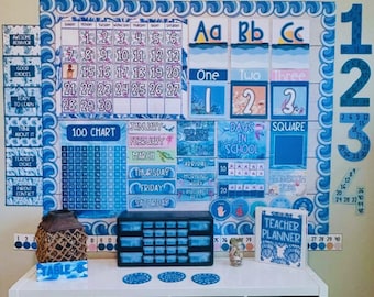 Pacote de decoração de sala de aula com tema marinho l Kit de decoração de sala de aula com tema costeiro l Decoração de sala de aula boho oceano l Decoração de sala de aula costeira editável