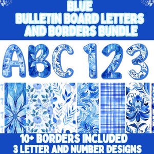 Letras y bordes para tablón de anuncios de color azul l Decoración de puerta de color azul l Decoraciones de clase de color azul - Tablón de anuncios de clase de color azul l Tema de aula de color azul