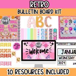 Paquete de tablones de anuncios retro / Decoración de aula editable y moderna / Imprimibles para profesores con temática de los años 70 l Paquete de tablones de anuncios retro y decoración de puertas