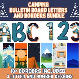 Letras y bordes para tablones de anuncios de acampada l Decoración para puertas de acampada l Decoraciones para clases de acampada - Tablón de anuncios para clases de acampada