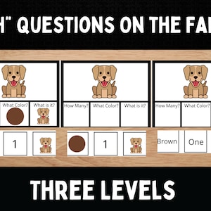 以下が含まれることがあります： 農場で茶色の犬に関する「WH」の質問が3段階に分かれた印刷可能なワークシートです。質問には、「いくつですか？」、「何色ですか？」、「何ですか？」が含まれています。答えは質問の下に記載されています。