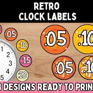 May include: Three designs of retro clock labels with different patterns. The labels are round and feature a white background with black numbers. The patterns include a disco ball, a flower, and a striped design. The labels are ready to print.