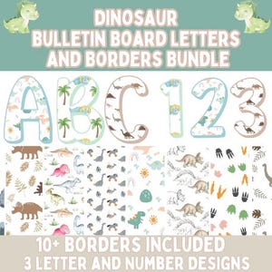 Letras e bordas do quadro de avisos de dinossauros l Decoração de porta de dinossauros l Decorações de classe de dinossauros - Quadro de avisos de classe de dinossauros