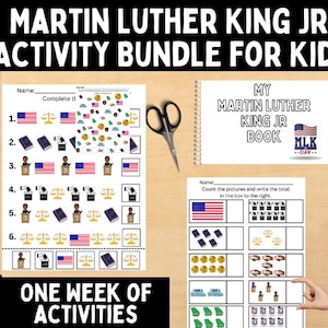 Martin Luther King Jr.  Day Activity Bundle for Kids: Homeschool, Pre-K, Kindergarten Activity Pack with 2 LEVELS- Book, Counting, Colors
