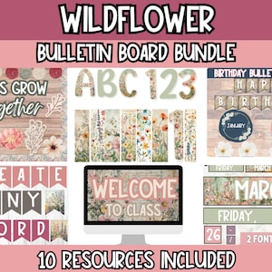 Paquete de tablón de anuncios con flores silvestres / Decoración editable para el aula / Decoración floral para el profesor / Tema de flores silvestres editable / Kit de regreso a clases