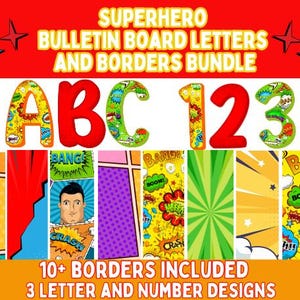 Letras y bordes para tablones de anuncios de superhéroes l Decoración de puertas de superhéroes l Decoraciones de aulas de superhéroes - Tablón de anuncios de aulas de superhéroes