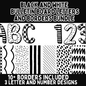 Letras e bordas de quadro de avisos em preto e branco l Decoração de porta de sala de aula em preto e branco l Tema de decoração de sala de aula em preto e branco