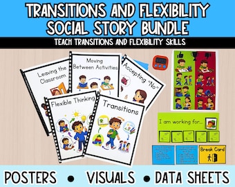 Paquete de historias sociales para transiciones / Pensamiento flexible, aceptación del "no" y recursos visuales para la transición en el aula / Apoyo editable para el autismo | Habilidades sociales