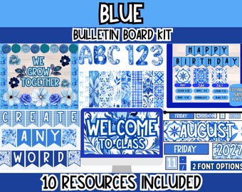 Blue Floral & Mosaic Bulletin Board Bundle | Editable Classroom Decor | Printable Boho Teacher Kit l Blue Bulletin Board Kit and Door Decor