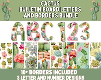 Letras y bordes para tablones de anuncios de cactus l Decoración para puertas con cactus l Decoraciones para clases con cactus - Tablón de anuncios de clases con cactus l Tema de clases con cactus