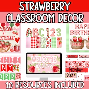 Strawberry Bulletin Board Bundle | Editable Strawberry Classroom Decor | Fruit Themed Bulletin Board Letters, Borders, and Banners, Kits