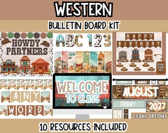Western Bulletin Board Bundle | Editable Classroom Decor | Cowboy Classroom Theme Printable Kit l Western Bulletin Board and Door Decor