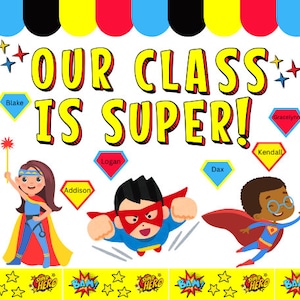 Kit de tablón de anuncios de vuelta al cole de superhéroes, Tema de superhéroes, Decoración de puertas, Letras de tablón de anuncios de superhéroes, Pósteres de superhéroes para el aula