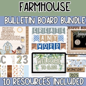May include: A digital Farmhouse Bulletin Board Bundle with various elements. Includes a "Home Sweet Classroom" design, customizable banners, a "Welcome to Class" display, and a birthday board. Features a variety of decorative elements and patterns.