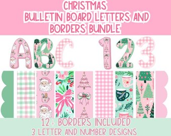 Letras y bordes para tablones de anuncios navideños en tonos pastel l Decoración navideña para puertas en tonos rosa l Decoraciones navideñas para clases - Decoración navideña para clases en tonos pastel
