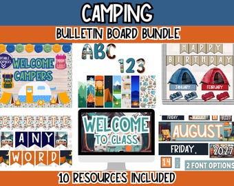 Bundel campingprikbord | Klaslokaaldecoratie voor buitenavonturen | Bewerkbare afdrukbare bulletinboardkit voor docenten l Campingklasthema