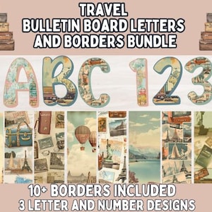 Letras y bordes para tablones de anuncios de viajes l Decoración de puertas para viajes l Decoraciones para clases de viajes - Tablón de anuncios para clases de viajes l Aula de viajes