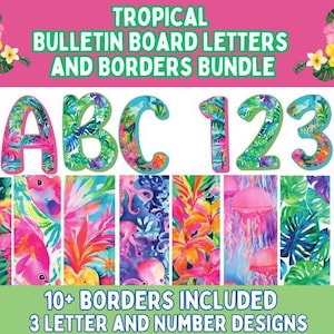 Letras y bordes para tablones de anuncios tropicales l Decoración tropical para puertas l Decoraciones tropicales para clases - Tablón de anuncios para clases tropicales