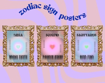 Zodiac signs ~ original printable wall art ~ art prints, wall art prints, astrology signs, aura, groovy and psychedelic decor