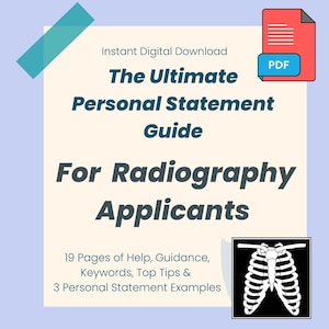 Puede incluir: Una descarga digital titulada "La guía definitiva de declaración personal para solicitantes de radiografía". La guía incluye 19 páginas de ayuda, orientación, palabras clave, consejos y ejemplos de declaraciones personales. Un icono PDF está en la esquina superior derecha.