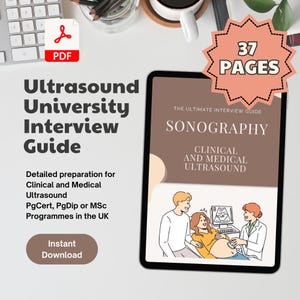 Op de afbeelding: Een digitale downloadgids voor ultrasound-universiteitsinterviews. De omslag toont een cartoonillustratie van een echografist die een echografie uitvoert bij een zwangere vrouw. De gids is 37 pagina's lang en bevat de tekst "De ultieme interviewgids" en "Echografie: Klinische en medische echografie".