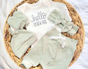 Gender Neutral coming home outfit, HELLO I'm new here, SAGE newborn set, premie outfit, Gender Neutral outfit, coming home outfit Big bow