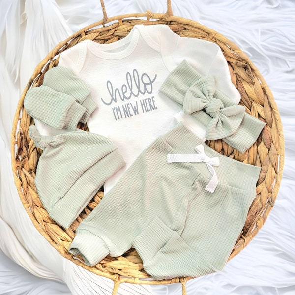 Gender Neutral coming home outfit, HELLO I'm new here, SAGE newborn set, premie outfit, Gender Neutral outfit, coming home outfit Big bow