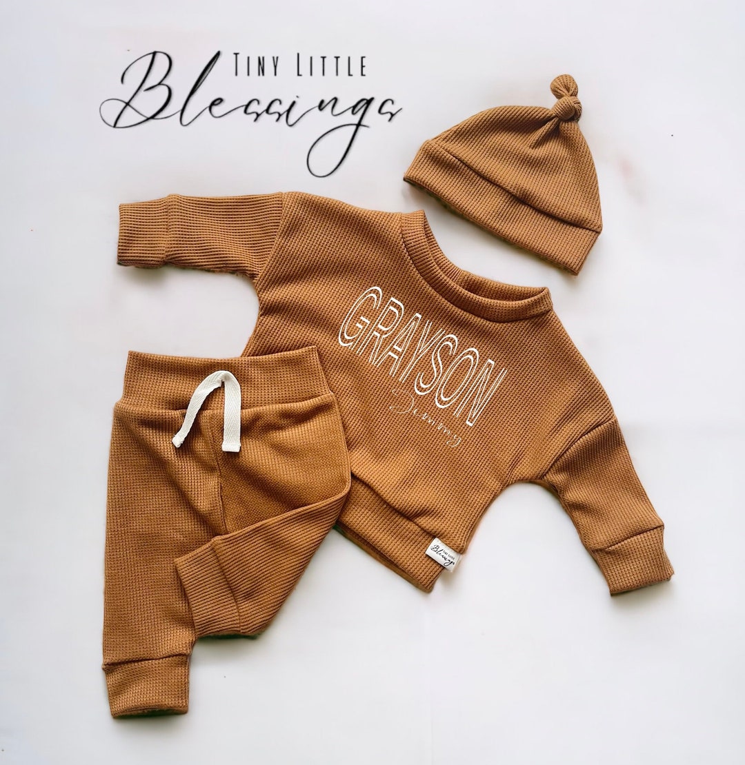 Waffle Knit Baby Joggers Outfit Newborn Boy, Coming Home Outfit Baby